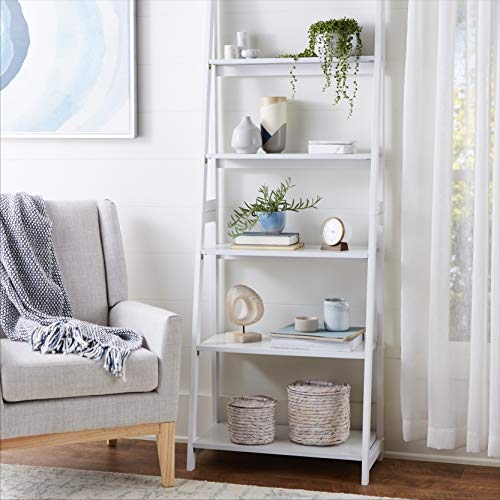 Amazon Basics Ladder Bookshelf Organizer, 5-Tier, Solid Rubberwood Frame, White Finish, 14D x 24.8W x 70.1H in