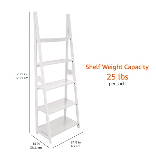 Amazon Basics Ladder Bookshelf Organizer, 5-Tier, Solid Rubberwood Frame, White Finish, 14D x 24.8W x 70.1H in