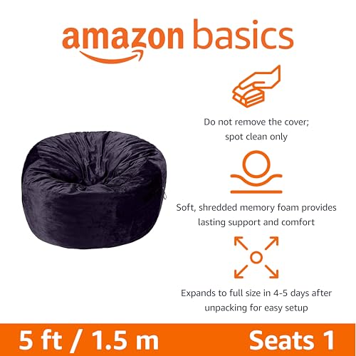 Amazon Basics Large Bean Bag Chairs for Adults, 5 ft Blue Memory Foam Filled with Solid Microfiber Cover