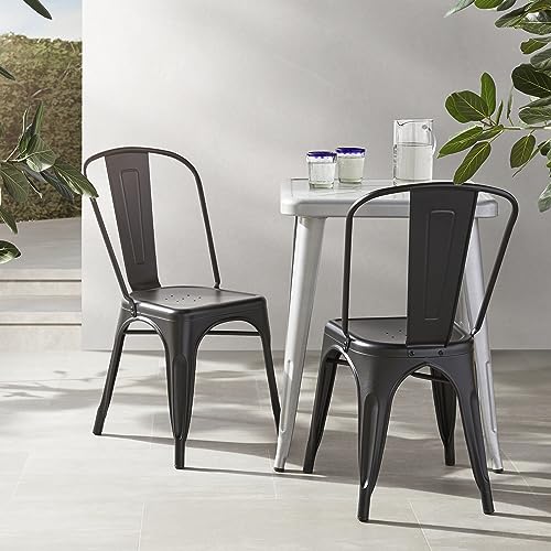 Amazon Basics Metal Dining Chairs, Easy to Assemble, Indoor/Outdoor, Stackable, Matte Black, 4-Pack view 2