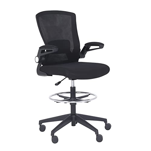 Amazon Basics Mid-Back Mesh Office Drafting Chair Stool with Adjustable Footrest, Flip-Up Arms, Black