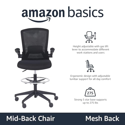 Amazon Basics Mid-Back Mesh Office Drafting Chair Stool with Adjustable Footrest, Flip-Up Arms, Black