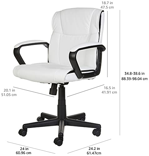 Amazon Basics Office Computer Task Desk Chair with Padded Armrests, Mid-Back, Adjustable, 360 Swivel, Rolling, 275 Pound Capacity, 24.2"D x 24"W x 38.6"H, BIFMA Certified, White Faux Leather