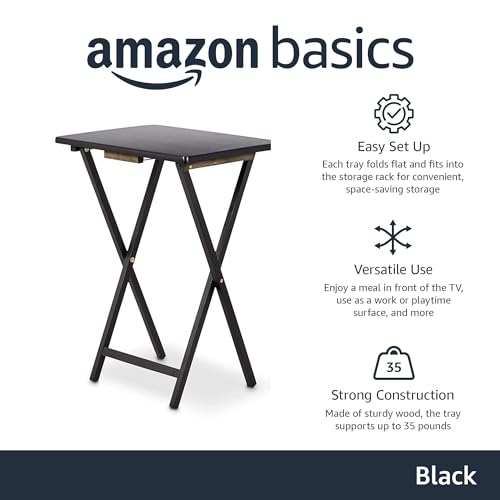 Amazon Basics Portable TV Dinner 4-Pack Rectangular Folding Tray Table with Storage Rack, Black, 15" x 19" x 26"
