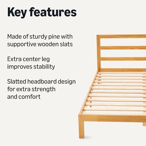 Amazon Basics Queen Bed Frame with Headboard, Solid Pine Wood with Bed Slats, 62" x 82" x 34.6", Walnut view 3