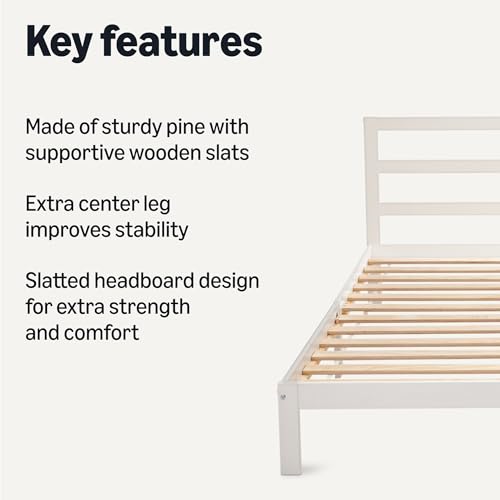 Amazon Basics Queen Bed Frame with Headboard, Solid Pine Wood with Bed Slats, White, 62" x 82" x 34.6" view 3