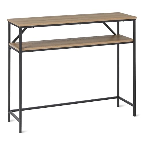 Amazon Basics Rectangular Console Table with Storage Shelf, Steel Frame, Oak Finish, 39.4"W x 31.5"H x 11.8"D