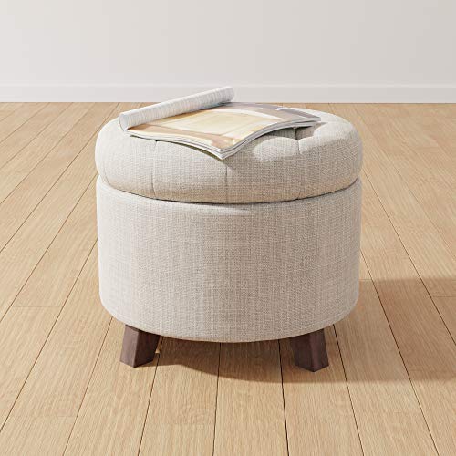 Amazon Basics Round Storage Ottoman Foot Rest, Button Tufted Upholstered Footstool with Storage, Sturdy Linen Fabric for Living Room and Bedroom, 20" x 17", Beige view 2