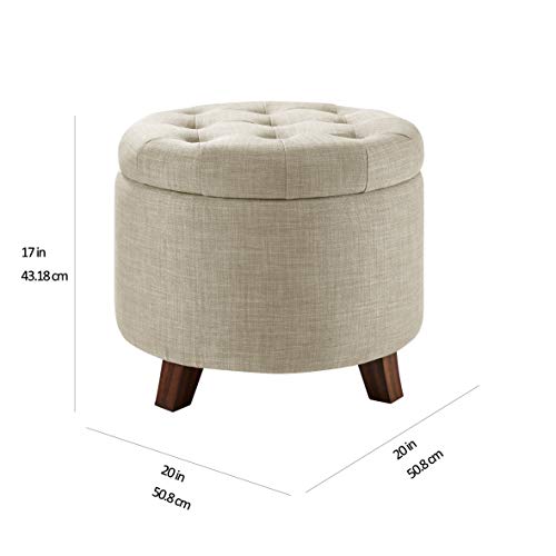 Amazon Basics Round Storage Ottoman Foot Rest, Button Tufted Upholstered Footstool with Storage, Sturdy Linen Fabric for Living Room and Bedroom, 20" x 17", Beige view 3
