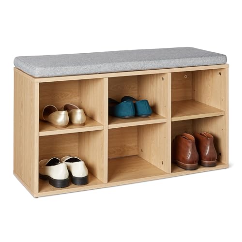 Amazon Basics Shoe Storage Bench with Cushion, Shoe Rack 6 Cubbies, Adjustable Shelves, Oak Finish