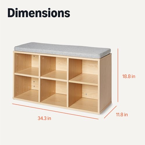 Amazon Basics Shoe Storage Bench with Cushion, Shoe Rack 6 Cubbies, Adjustable Shelves, Oak Finish