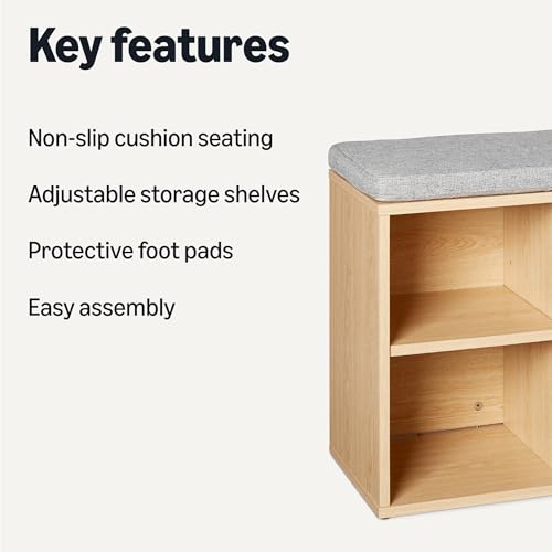 Amazon Basics Shoe Storage Bench with Cushion, Shoe Rack 6 Cubbies, Adjustable Shelves, Oak Finish