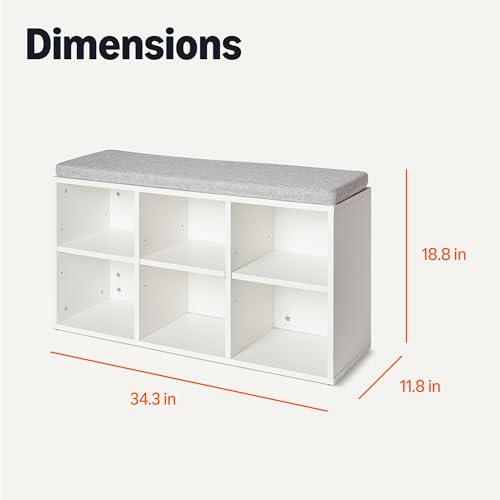 Amazon Basics Shoe Storage Bench with Cushion, Shoe Rack 6 Cubbies, Adjustable Shelves, White
