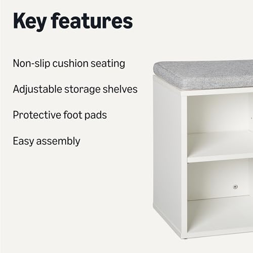 Amazon Basics Shoe Storage Bench with Cushion, Shoe Rack 6 Cubbies, Adjustable Shelves, White