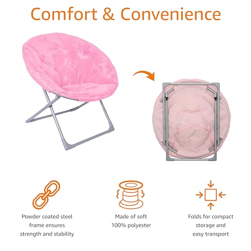Amazon Basics Soft Faux Fur Saucer Shaped Comfortable Chair with Foldable Metal Frame, for Living Room or Dorm Room, Cozy, Pink, 27.2"D x 32.3"W x 32.3"H