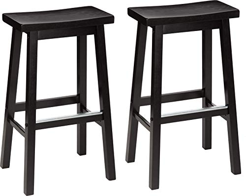 Amazon Basics Solid Wood Saddle-Seat Kitchen Counter Barstool with Footrest, Easy Assembly - 29-Inch Height - Black - Set of 2