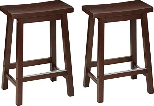 Amazon Basics Solid Wood Saddle-Seat Kitchen Counter Barstool with Footrest, Easy Assembly - 24-Inch Height - Walnut - Set of 2