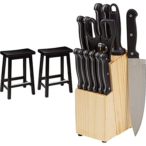 Amazon Basics Solid Wood Saddle-Seat Kitchen Counter-Height Stool - Set of 2, 24-Inch Height, Black & 14-Piece Kitchen Knife Set with High-Carbon Stainless-Steel Blades and Pine Wood Block, Black