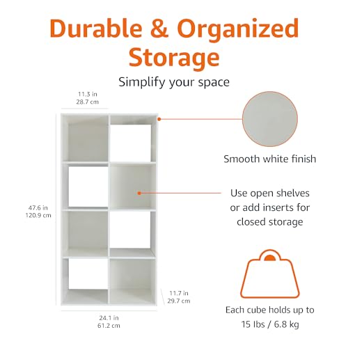 Amazon Basics Storage Cube Shelf Organizer, 8 Cubes, White, 11.7" D x 24.1" W x 47.6" H
