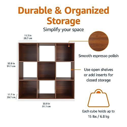 Amazon Basics Storage Cube Shelf Organizer, 9 Cubes, Espresso, 11.7" D x 35.9" W x 35.9" H