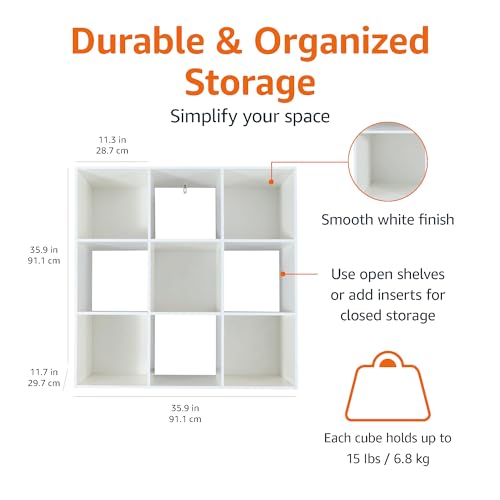 Amazon Basics Storage Cube Shelf Organizer, 9 Cubes, White, 11.7" D x 35.9" W x 35.9" H