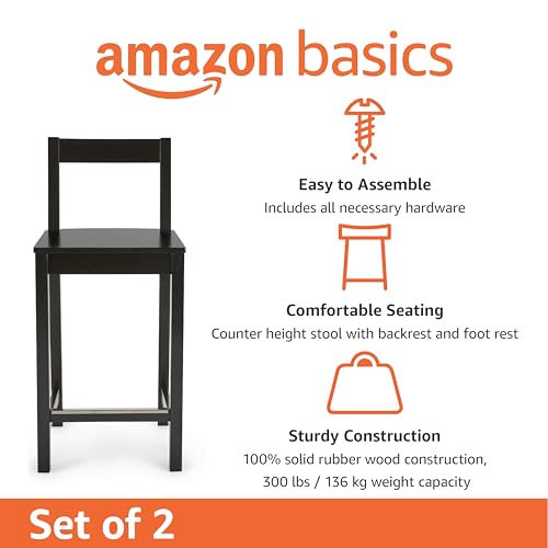 Amazon Basics Wooden Bar Stool with Backrest 24", Black, Set of 2