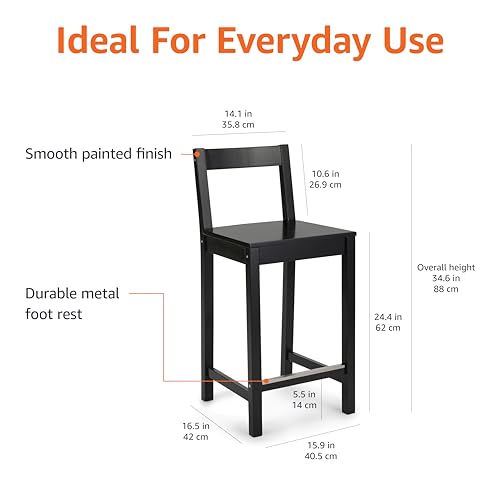 Amazon Basics Wooden Bar Stool with Backrest 24", Black, 1 Unit