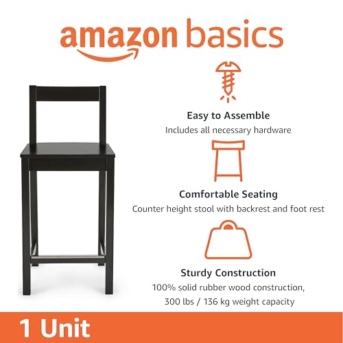 Amazon Basics Wooden Bar Stool with Backrest 24", Black, 1 Unit