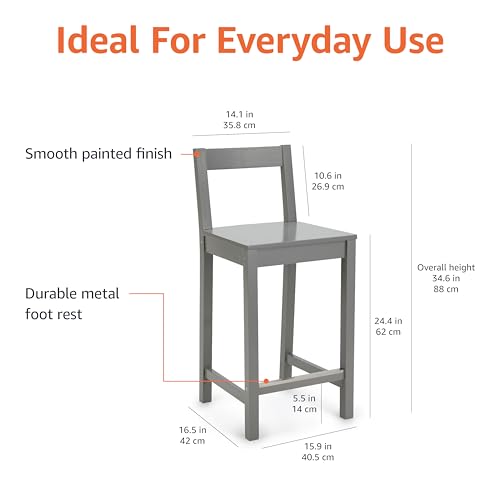 Amazon Basics Wooden Bar Stool with Backrest 24", Grey, Set of 2