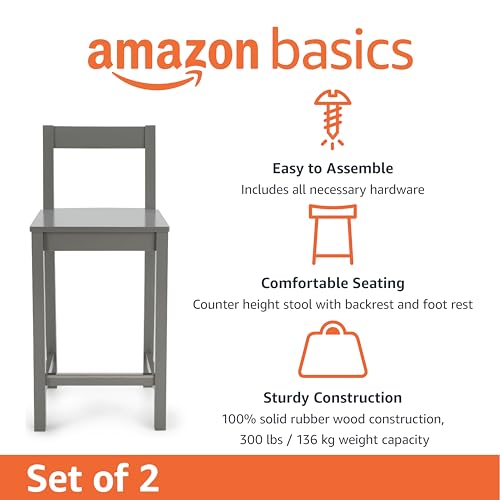 Amazon Basics Wooden Bar Stool with Backrest 24", Grey, Set of 2