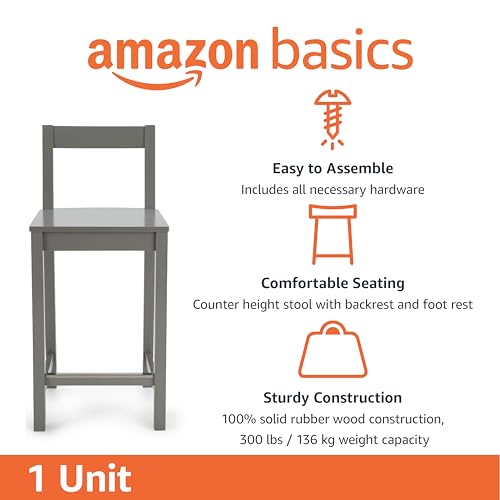 Amazon Basics Wooden Bar Stool with Backrest 24", Grey, 1 Unit
