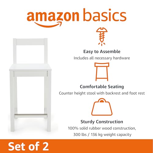 Amazon Basics Wooden Bar Stool with Backrest 24", White, Set of 2