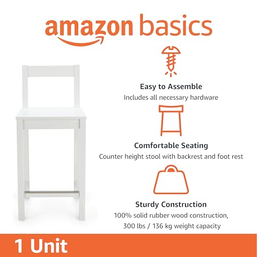 Amazon Basics Wooden Bar Stool with Backrest 24", White, 1 Unit