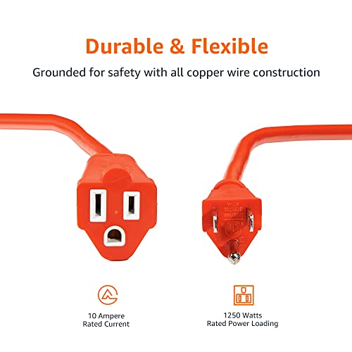 Amazon Basics 100 foot 3-Prong Vinyl Indoor/Outdoor Extension Cord - 10 Amps, 1250 Watts, 125 VAC - Orange