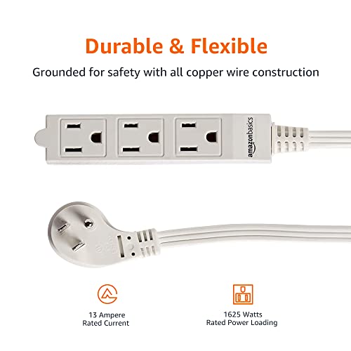 Amazon Basics 3-Prong Indoor Rectangle Extension Cord Power Strip, Flat Plug, Grounded 13 Amps, 1625 Watts, 125 VAC, 2-Pack, 3 ft, White