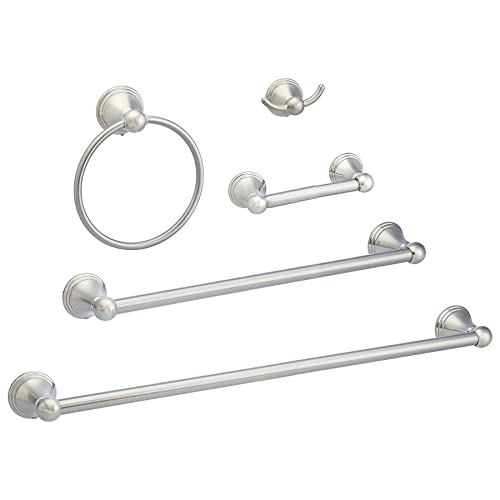 Amazon Basics 5 Piece Bathroom Hardware Set, Satin Nickel, Towel Bar, Toilet Paper Holder, Towel Ring, Robe Hook, AB-BR817-SN