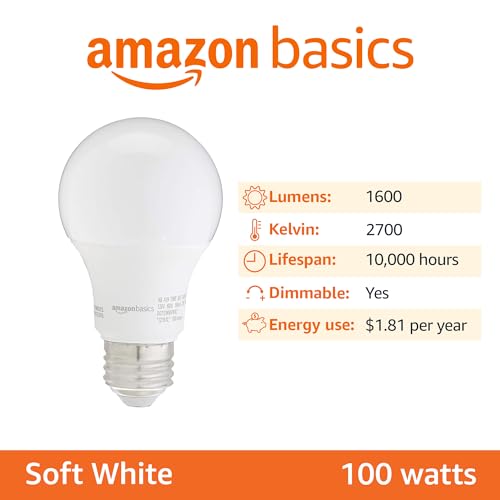 Amazon Basics A19 LED Light Bulbs, 100 Watt Equivalent, Energy Efficient 15W, E26 Standard Base, Soft White 2700K, Dimmable, 10,000 Hour Lifetime , 6-Pack view 2