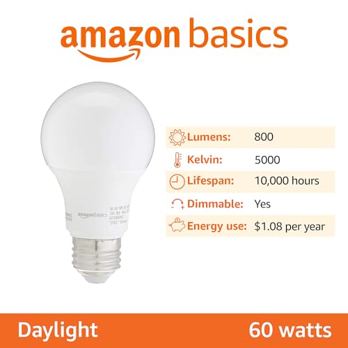 Amazon Basics A19 LED Light Bulbs, 60W Equivalent, 9W Energy Efficient, E26 Standard Base, Daylight White 5000K, Dimmable, 10,000 Hour Lifetime, 6-Pack view 2