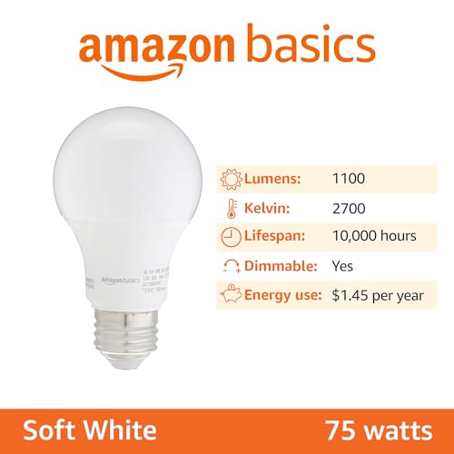 Amazon Basics A19 LED Light Bulbs, 75 Watt Equivalent, Energy Efficient 12W, E26 Standard Base, Soft White 2700K, Dimmable, 10,000 Hour Lifetime , 6-Pack