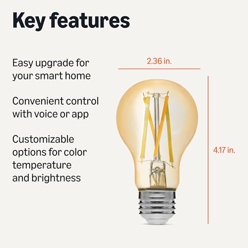 Amazon Basics A19 Smart Filament LED Bulb, Tunable White, 2.4 GHz Wi-Fi, Works with Alexa Only, 1-Pack view 2