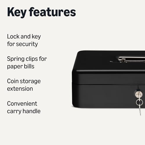 Amazon Basics Cash Box with Lock Key, Money Organizer Tray, 11.81" x 9.45" x 3.54", Black view 2