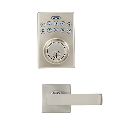 Amazon Basics Contemporary Electronic Keypad Door Lock, Keyless Entry Deadbolt with Handle Set, Easy Installation, Sturdy, Satin Nickel, 1-Pack