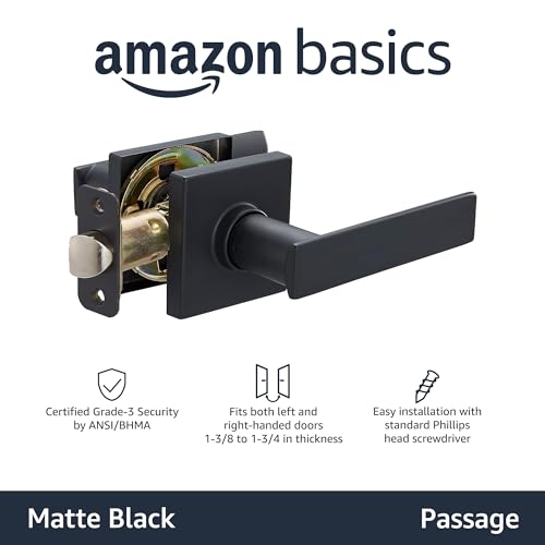 Amazon Basics Contemporary Stamford Door Lever- Passage -Matte Black, 1-Pack