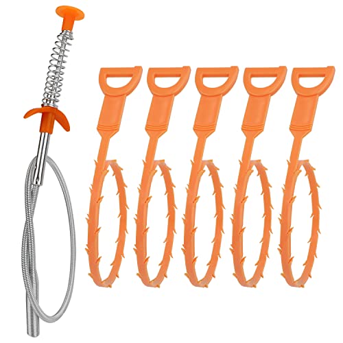 Amazon Basics Drain Clog Remover Tool, Includes 5 Plastic and 1 Stainless Drain Snakes, Effectively Clean Hair and Other Clog for Toilet, Kitchen Sink, Bathroom Tub, 6 Pack