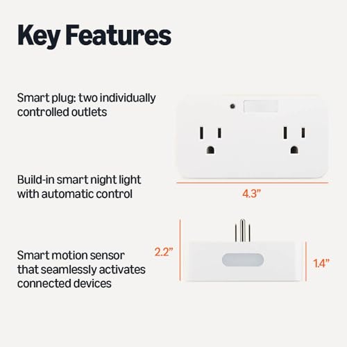 Amazon Basics Dual Smart Plug with Motion Sensor and Night Light, Works with Alexa Only, 2.4 GHz Wi-Fi, No Hub Required, 4.33 x 2.36 x 1.38 in, White