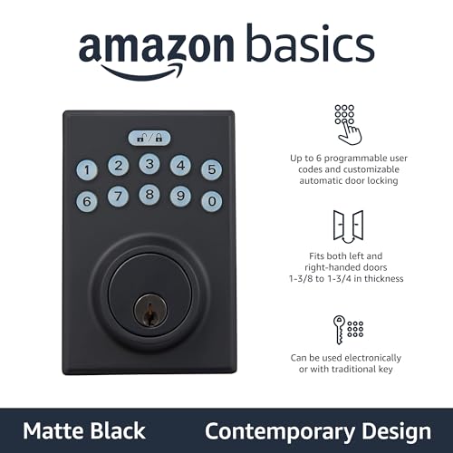 Amazon Basics Electronic Keypad Deadbolt Door Lock with Touch-Control Keyless Easy Installation, Auto Lock, Keyed Entry Option, Contemporary, 1-Pack, Matte Black