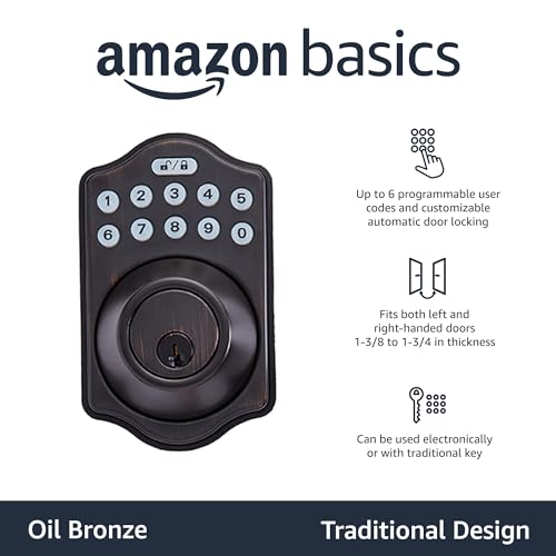 Amazon Basics Electronic Keypad Deadbolt Door Lock with Touch-Control Keyless Entry Door Lock, Keyed Entry Option, Traditional, Oil Bronze, 1-Pack