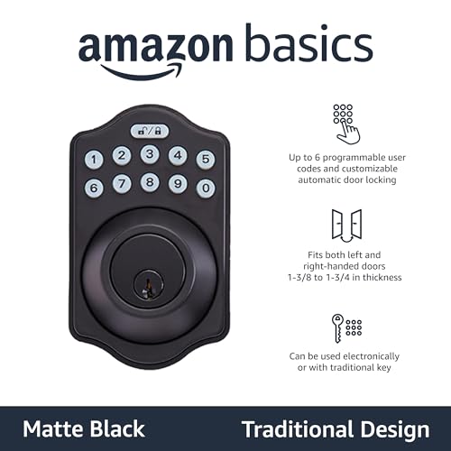 Amazon Basics Electronic Keypad Deadbolt Door Lock with Auto Lock, Touch-Control Keyless Entry, Customizable User Codes, Traditional Design, Matte Black, 1-Pack view 2