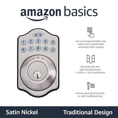 Amazon Basics Electronic Keypad Deadbolt Door Lock with Touch-Control Keyless Entry Door Lock, Keyed Entry Option, Traditional, Satin Nickel, 6-Pack