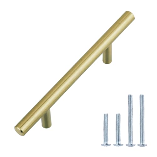Amazon Basics Euro Bar Cabinet Pulls, Kitchen Drawer Handles, 5.38-inch Length, 3-inch Hole Center, 1/2-inch Diameter, Golden Champagne, 25-Pack